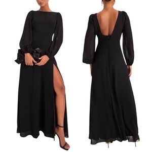 NWT Lulus Prestigious Poise Black Long Balloon Sleeve Chiffon Maxi Gown Dress